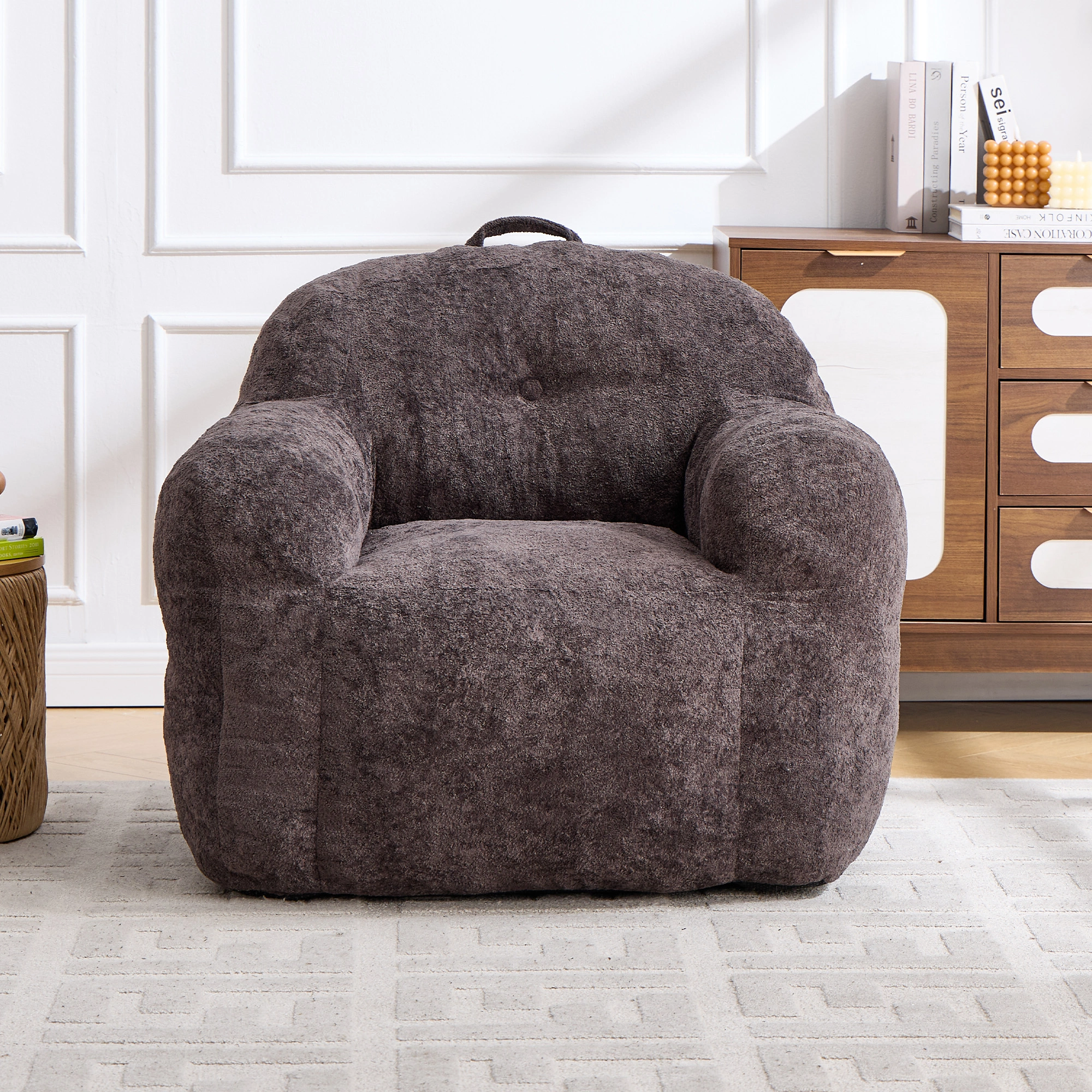 Bean Bag Chair with Armrests, Faux Fur Beanbag Sofa with Shredded Sponge Filler, No Assembly, Dark Grey view 2