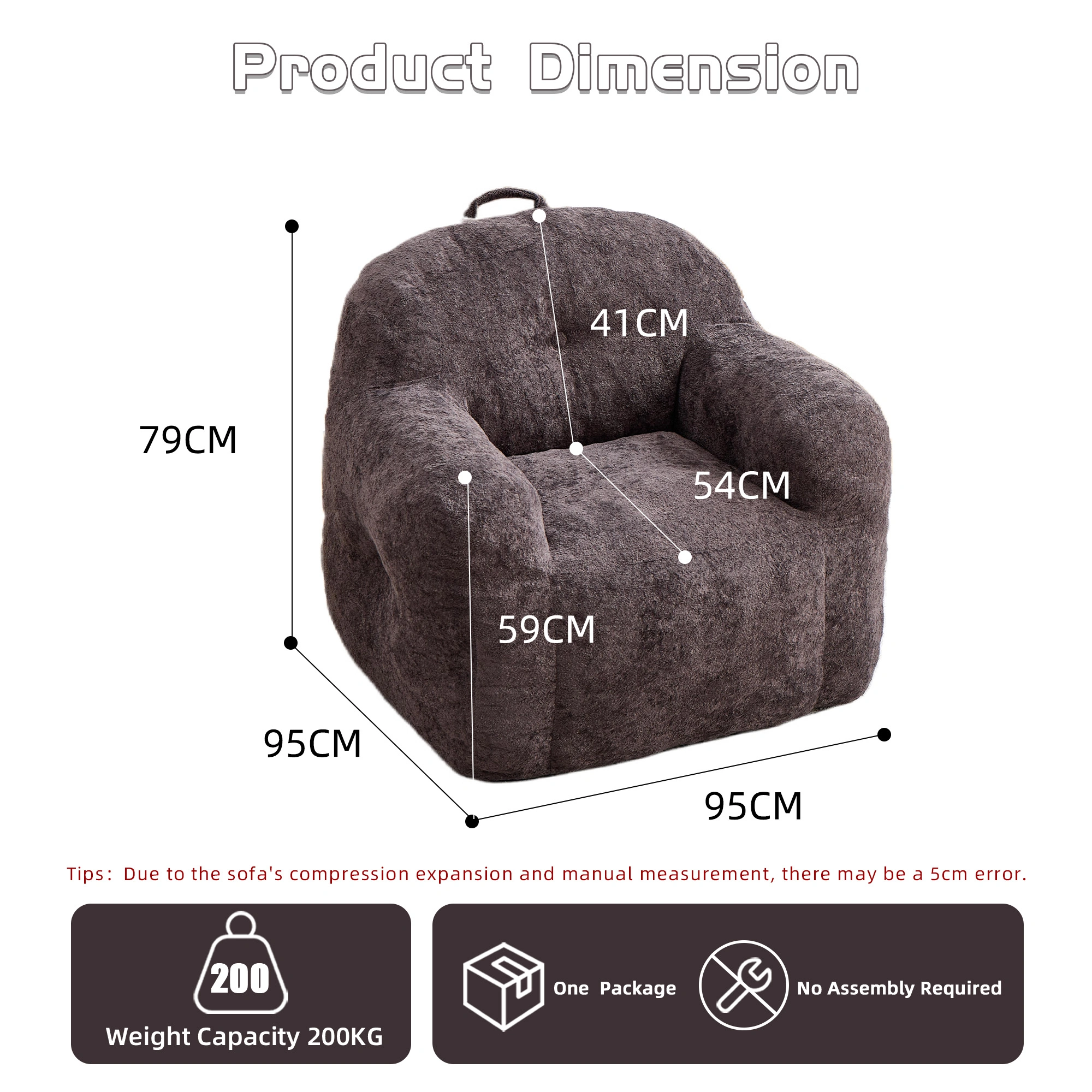 Bean Bag Chair with Armrests, Faux Fur Beanbag Sofa with Shredded Sponge Filler, No Assembly, Dark Grey view 3