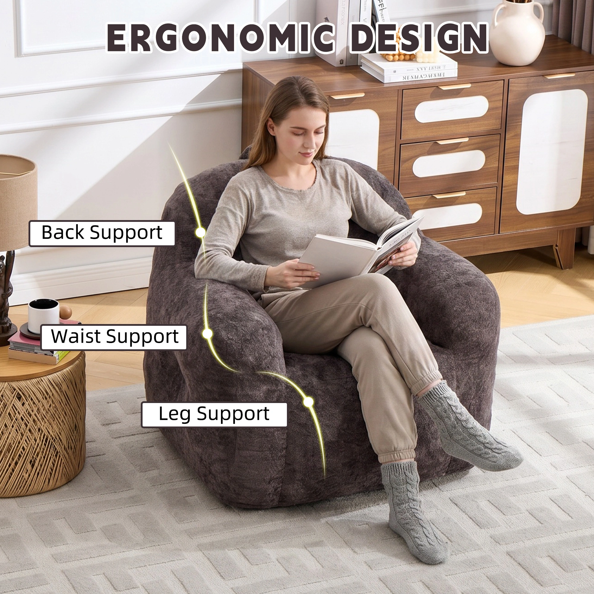 Bean Bag Chair with Armrests, Faux Fur Beanbag Sofa with Shredded Sponge Filler, No Assembly, Dark Grey view 5