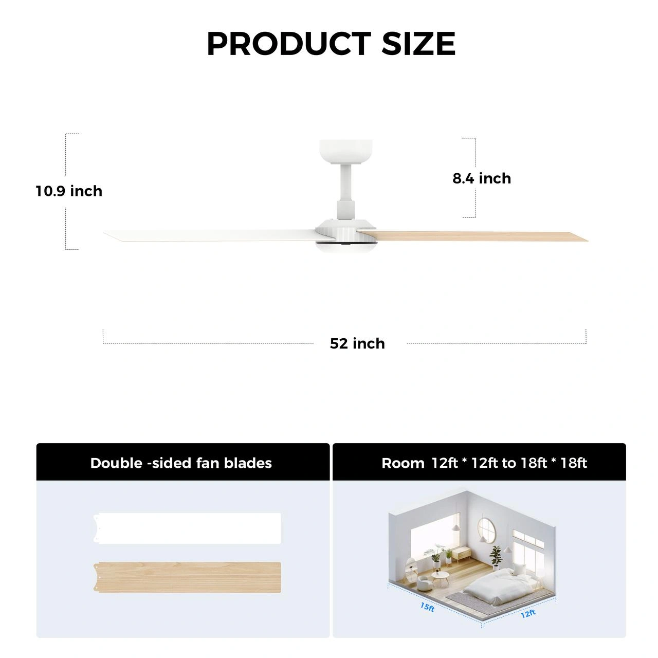 52 Inch Ceiling Fan with Lights, Remote Control, 6-Speed Dimmable, Noiseless Reversible DC Motor, 3 Plywood Blades, Indoor Outdoor for Living Room Bedroom Patio, 3D-X3 view 2
