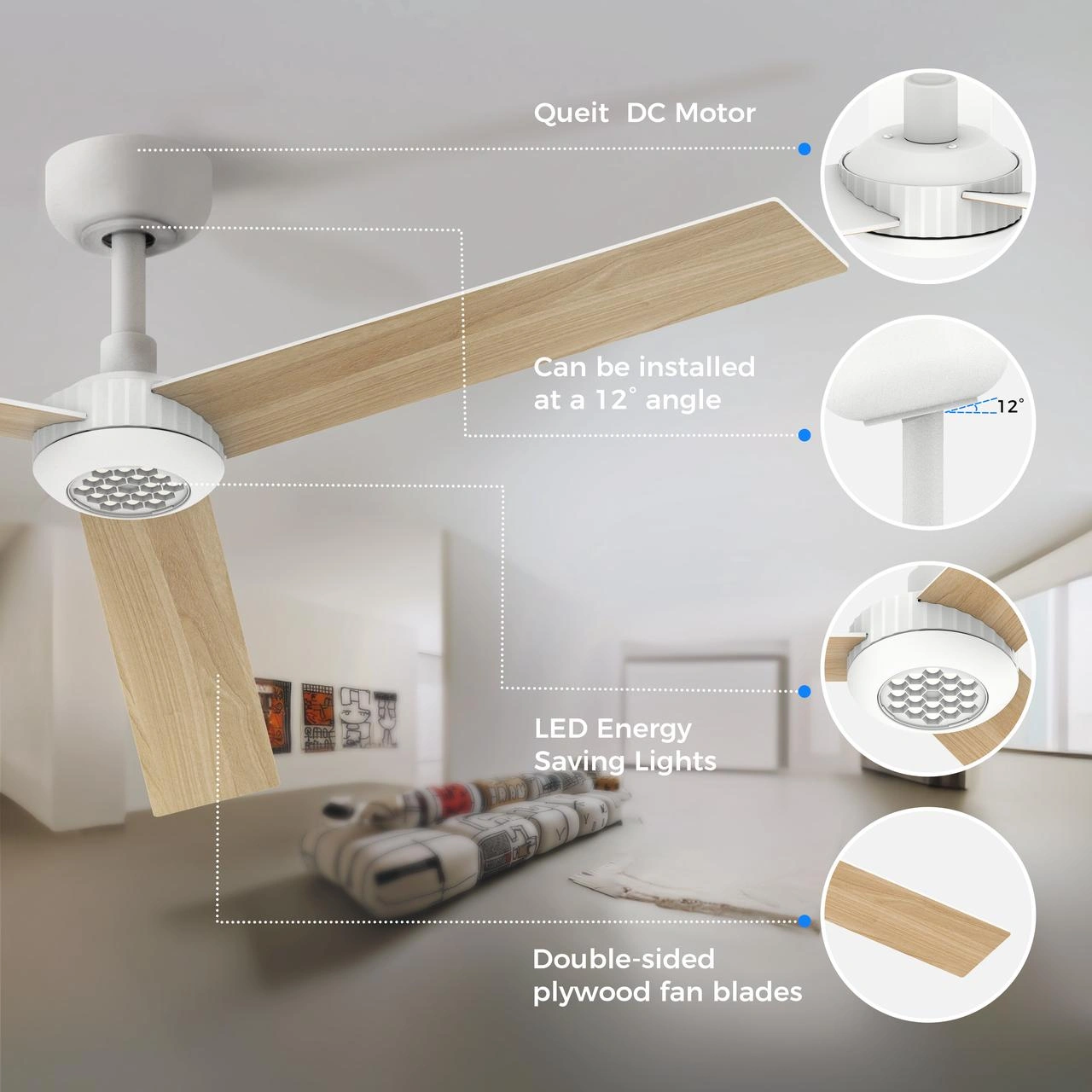 52 Inch Ceiling Fan with Lights, Remote Control, 6-Speed Dimmable, Noiseless Reversible DC Motor, 3 Plywood Blades, Indoor Outdoor for Living Room Bedroom Patio, 3D-X3 view 8