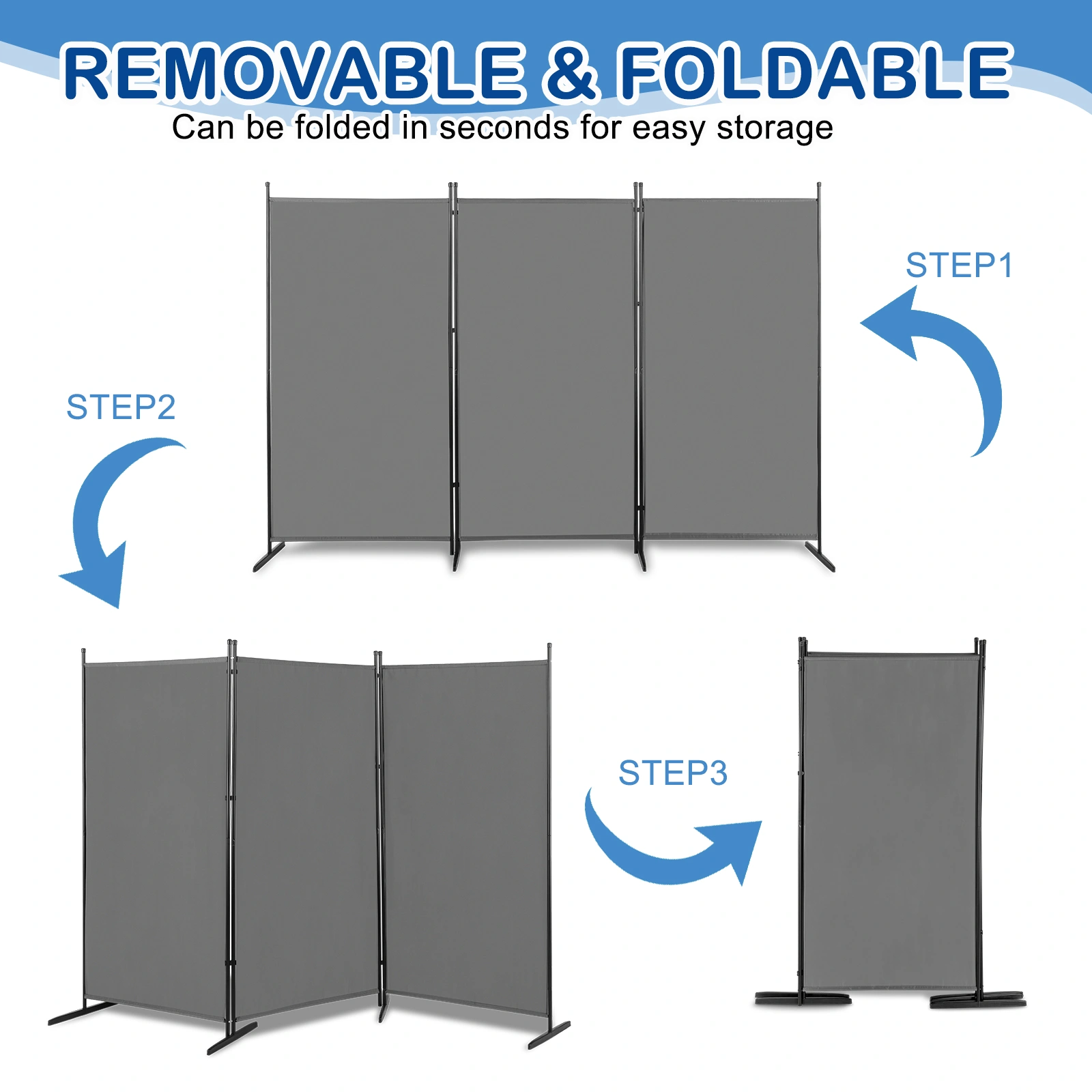 6FT Trifold 160g Polyester Cloth Plastic Foot Carbon Steel Frame Foldable Screen Gray view 3
