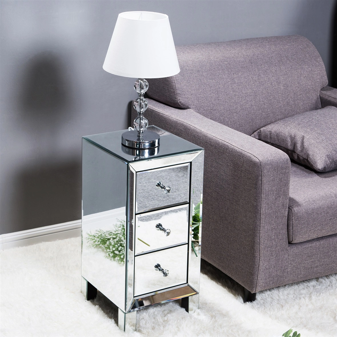 3-Drawer Mirrored Bedside Table MDF Cabinet with Mirrored Drawers Silver view 19