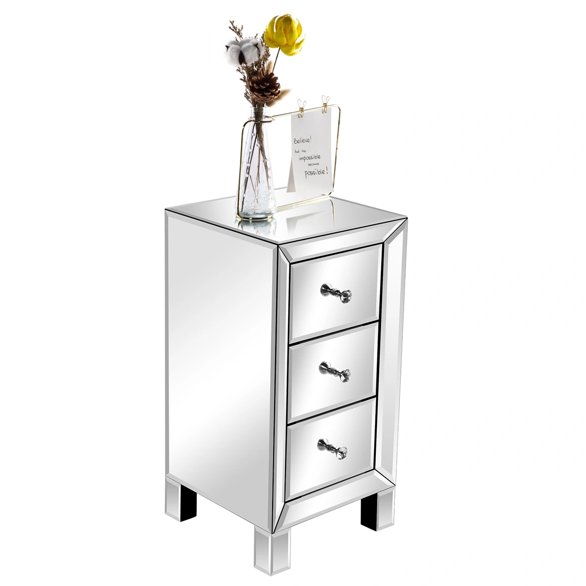 3-Drawer Mirrored Bedside Table MDF Cabinet with Mirrored Drawers Silver view 9
