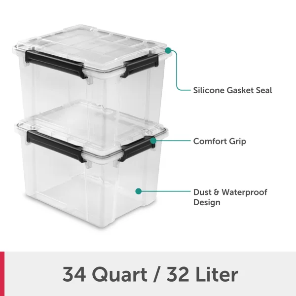 (4 pack) 34 Quart WaterProof Clear Plastic Storage Bin with Lid, Gasket Seal and Durable Latches, Black(Shipment from Walmart) view 2