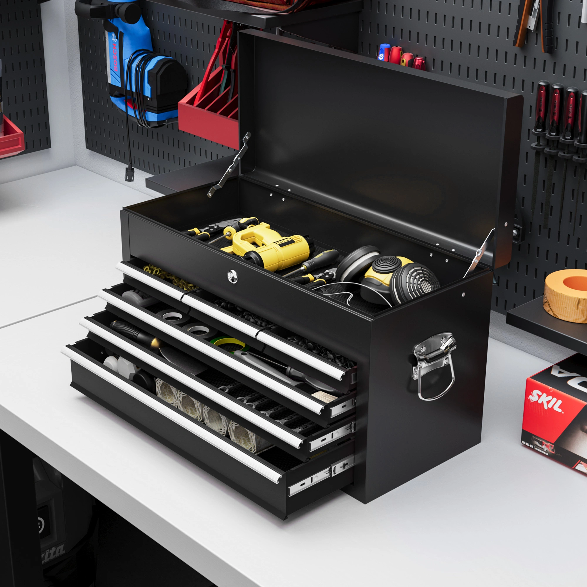 Heavy Duty Tool Box Set - Durable Steel Toolbox with Removable Tray, Secure Latches, Compact Design for Garage Organization