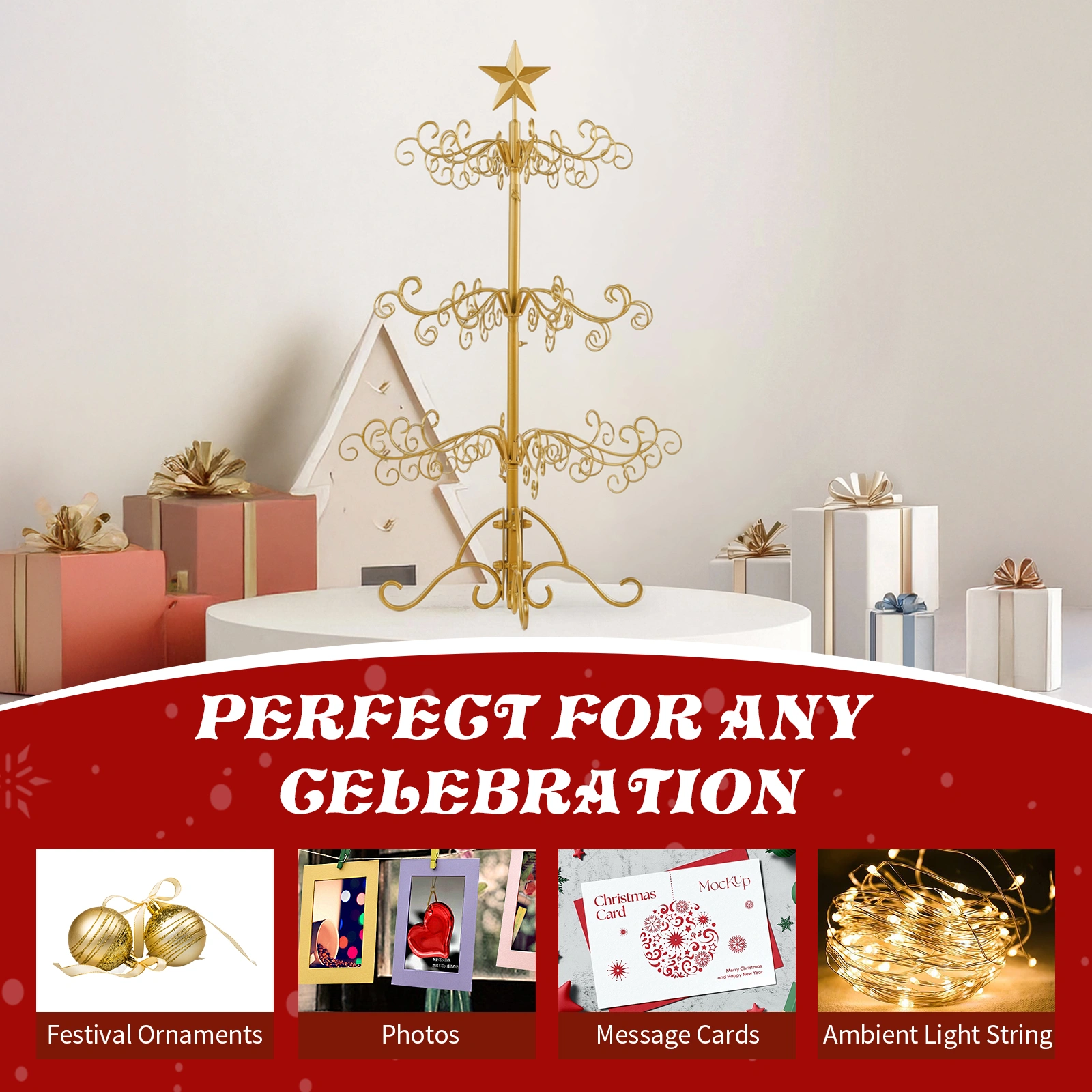 3ft Wrought Iron Christmas Tree, Metal Ornament Display Tree Stand for for Holiday Party Home Decor, Indoor & Outdoor Decor Hanger, Gold view 8