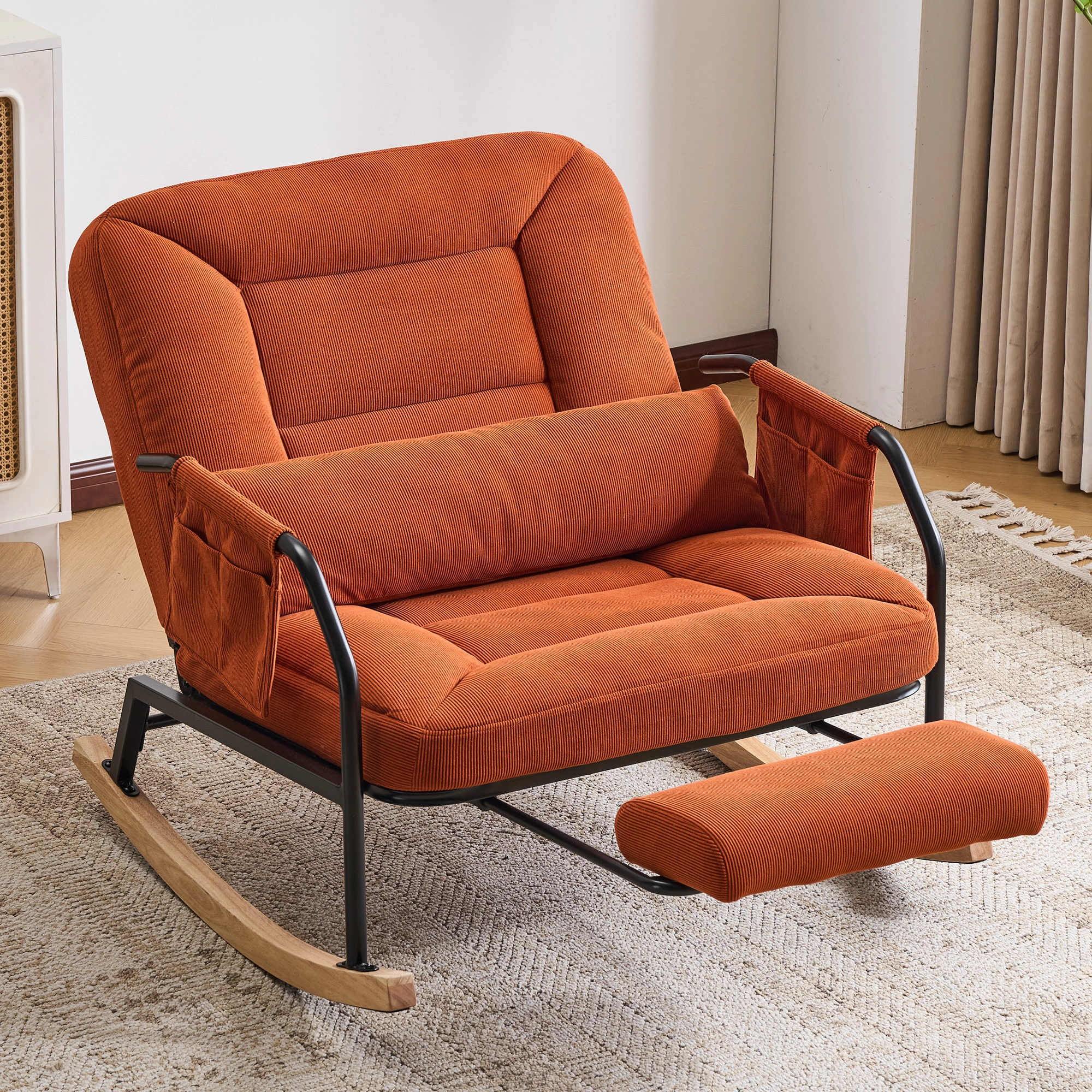 Oversized Rocking Chair Glider Patio Rocker Chairs with Foot Rest, Padded Cushion, Adjustable Backrest, Mental Wooden Farm,Indoor/Outdoor Living Room Bedroom Balcony Porch, Corduroy,Orange