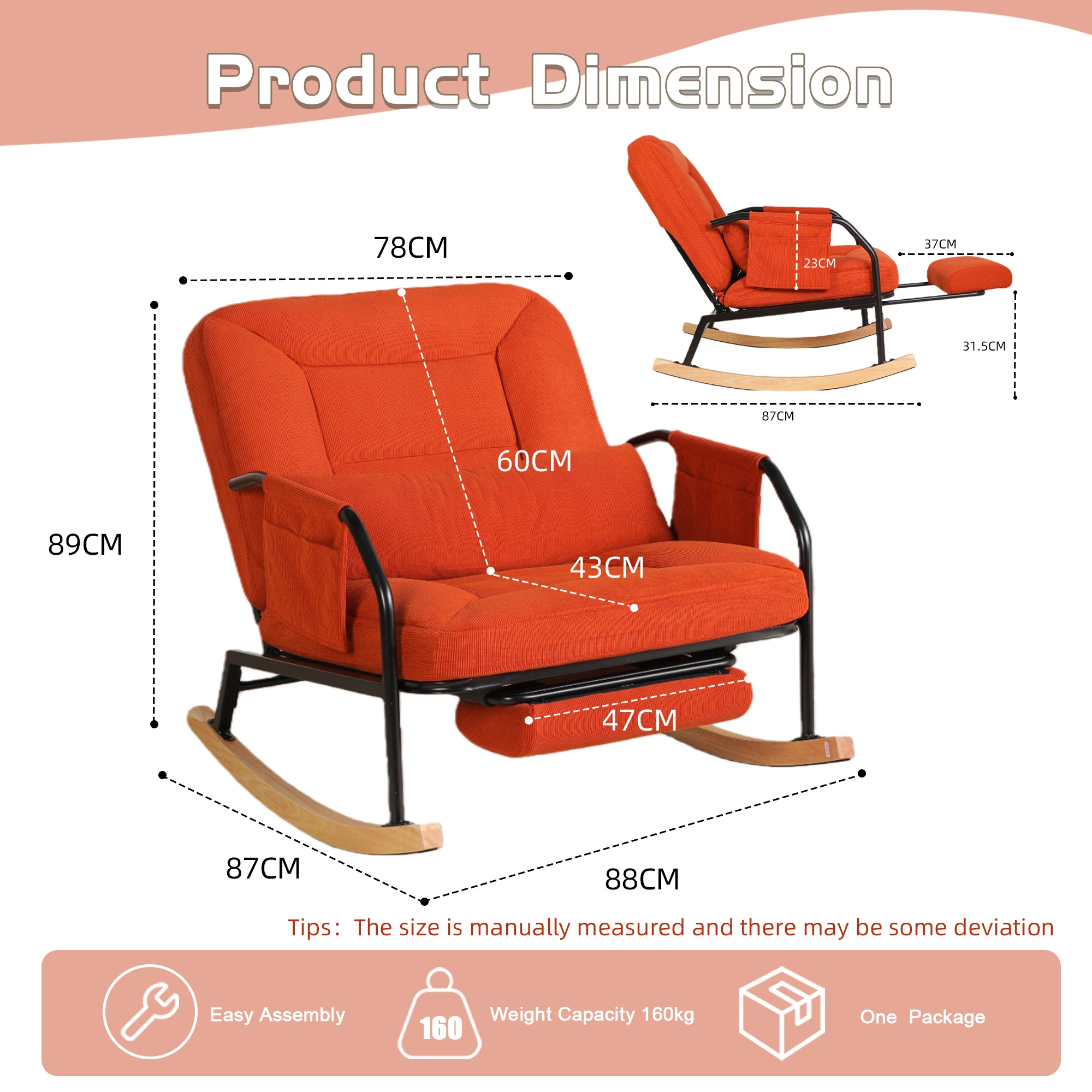 Oversized Rocking Chair Glider Patio Rocker Chairs with Foot Rest, Padded Cushion, Adjustable Backrest, Mental Wooden Farm,Indoor/Outdoor Living Room Bedroom Balcony Porch, Corduroy,Orange view 2