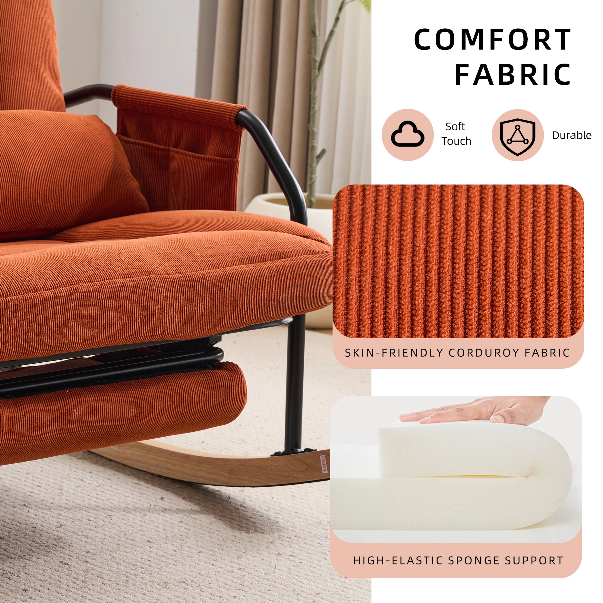 Oversized Rocking Chair Glider Patio Rocker Chairs with Foot Rest, Padded Cushion, Adjustable Backrest, Mental Wooden Farm,Indoor/Outdoor Living Room Bedroom Balcony Porch, Corduroy,Orange view 3