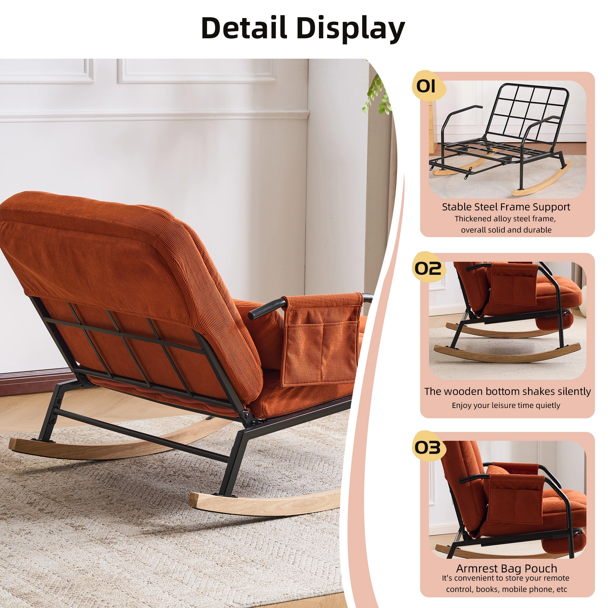Oversized Rocking Chair Glider Patio Rocker Chairs with Foot Rest, Padded Cushion, Adjustable Backrest, Mental Wooden Farm,Indoor/Outdoor Living Room Bedroom Balcony Porch, Corduroy,Orange view 4