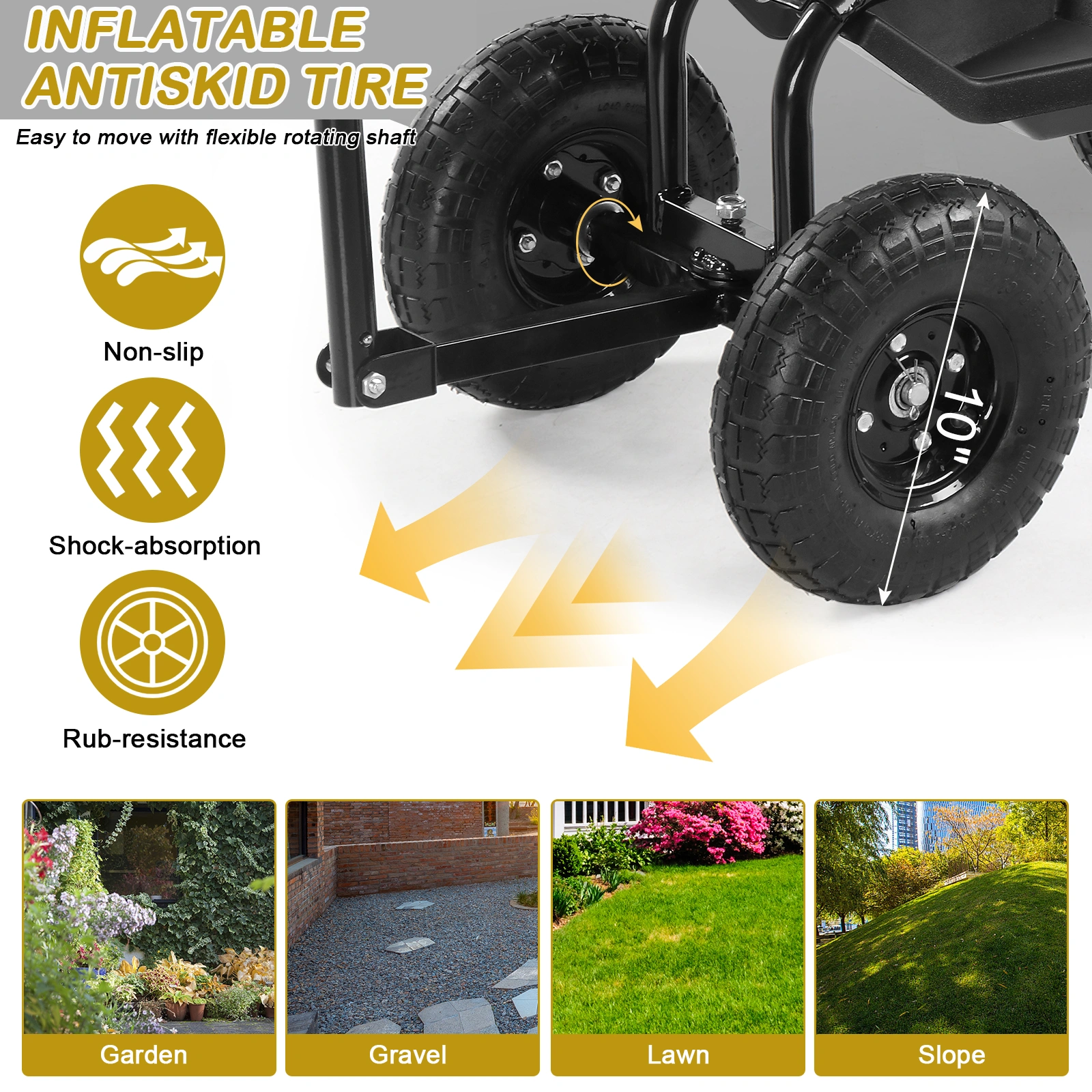 Rolling Garden Cart with Cushioned Backrest & Seat, Outdoor Gardening Stool for Planting, Garden Scooter with 360 Degree Swivel Seat & Steering Handle & Tool Tray, Black view 15