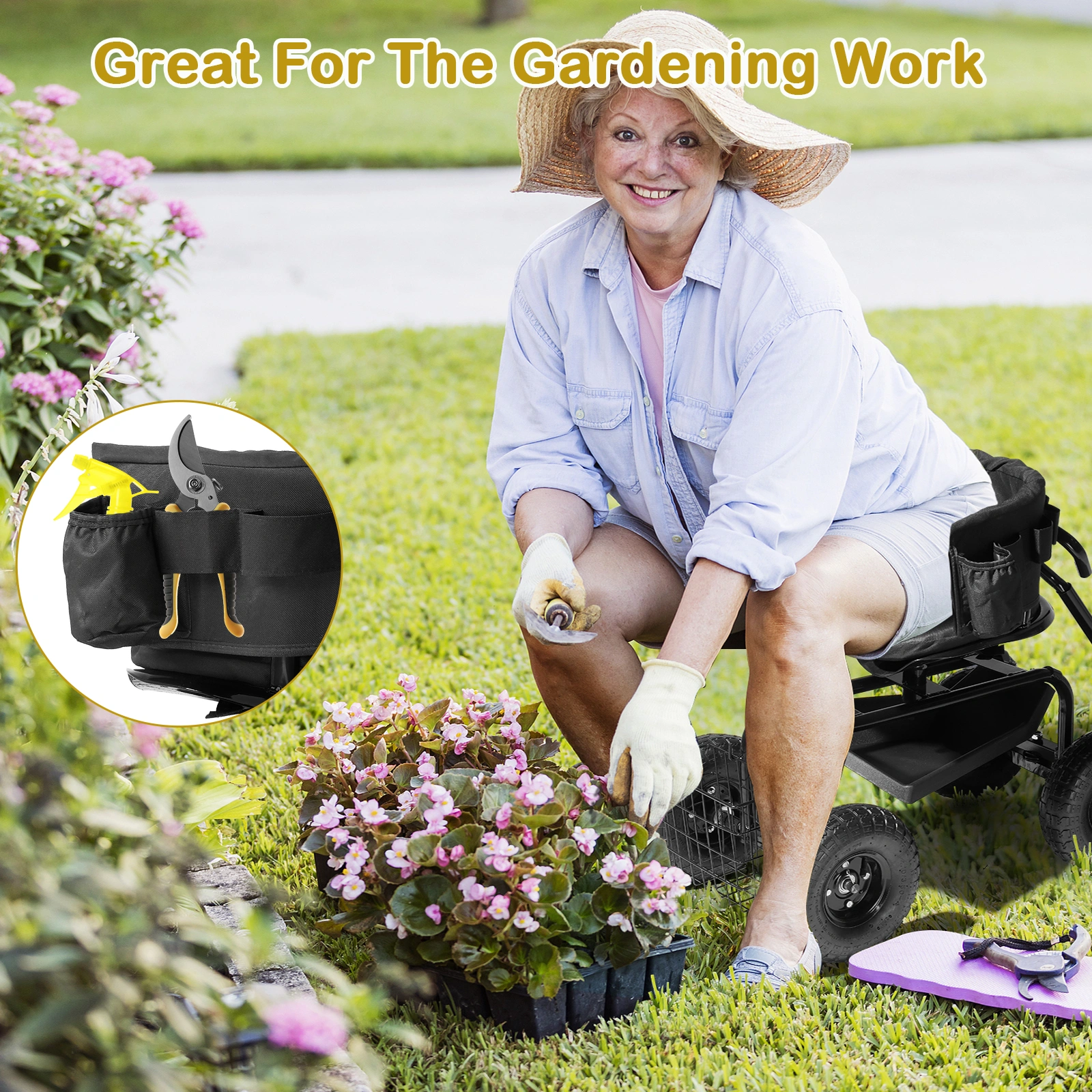 Rolling Garden Cart with Cushioned Backrest & Seat, Outdoor Gardening Stool for Planting, Garden Scooter with 360 Degree Swivel Seat & Steering Handle & Tool Tray, Black view 5