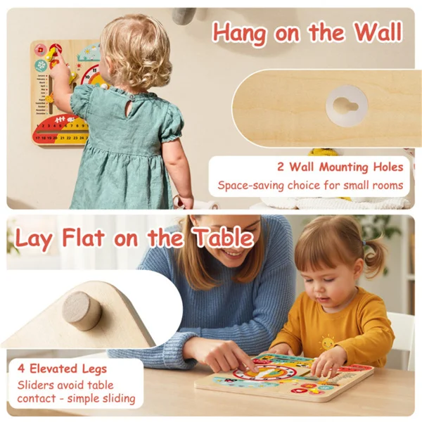 Montessori Wooden Time Learning Clock for Kids 3+, All-in-One Calendar Season Weather Educational Toy view 6