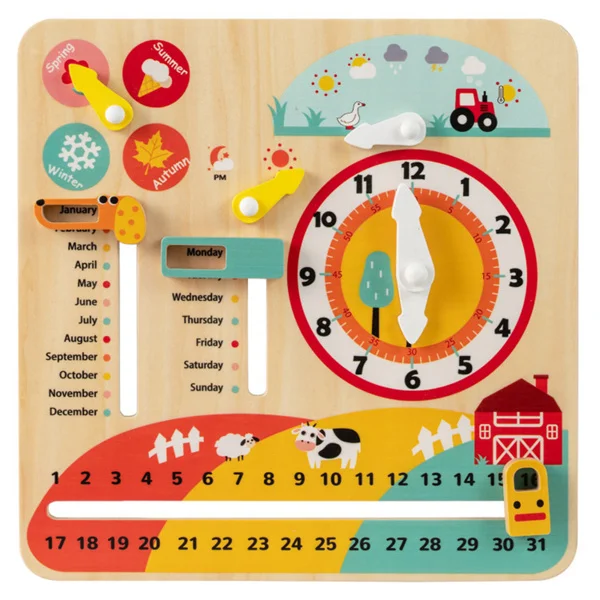 Montessori Wooden Time Learning Clock for Kids 3+, All-in-One Calendar Season Weather Educational Toy