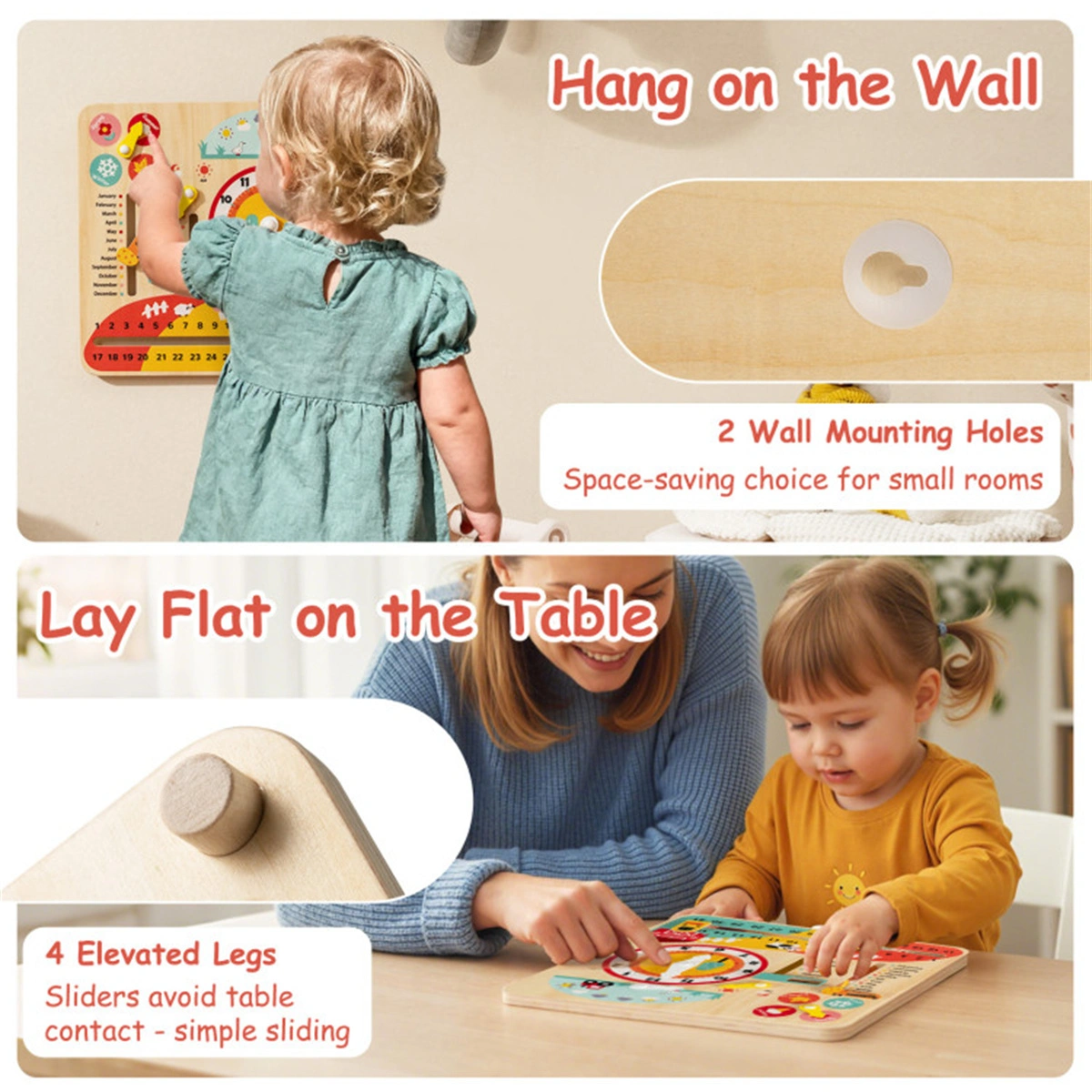 Montessori Wooden Time Learning Clock for Kids 3+, All-in-One Calendar Season Weather Educational Toy view 6