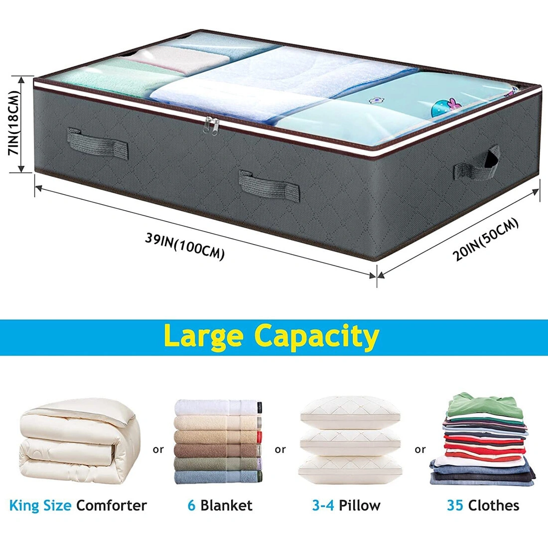 4PCS 90L Underbed Storage Bags, Large Zipped Clothes Organizer with Fabric Design, Stackable Clothing Storage Bins view 5