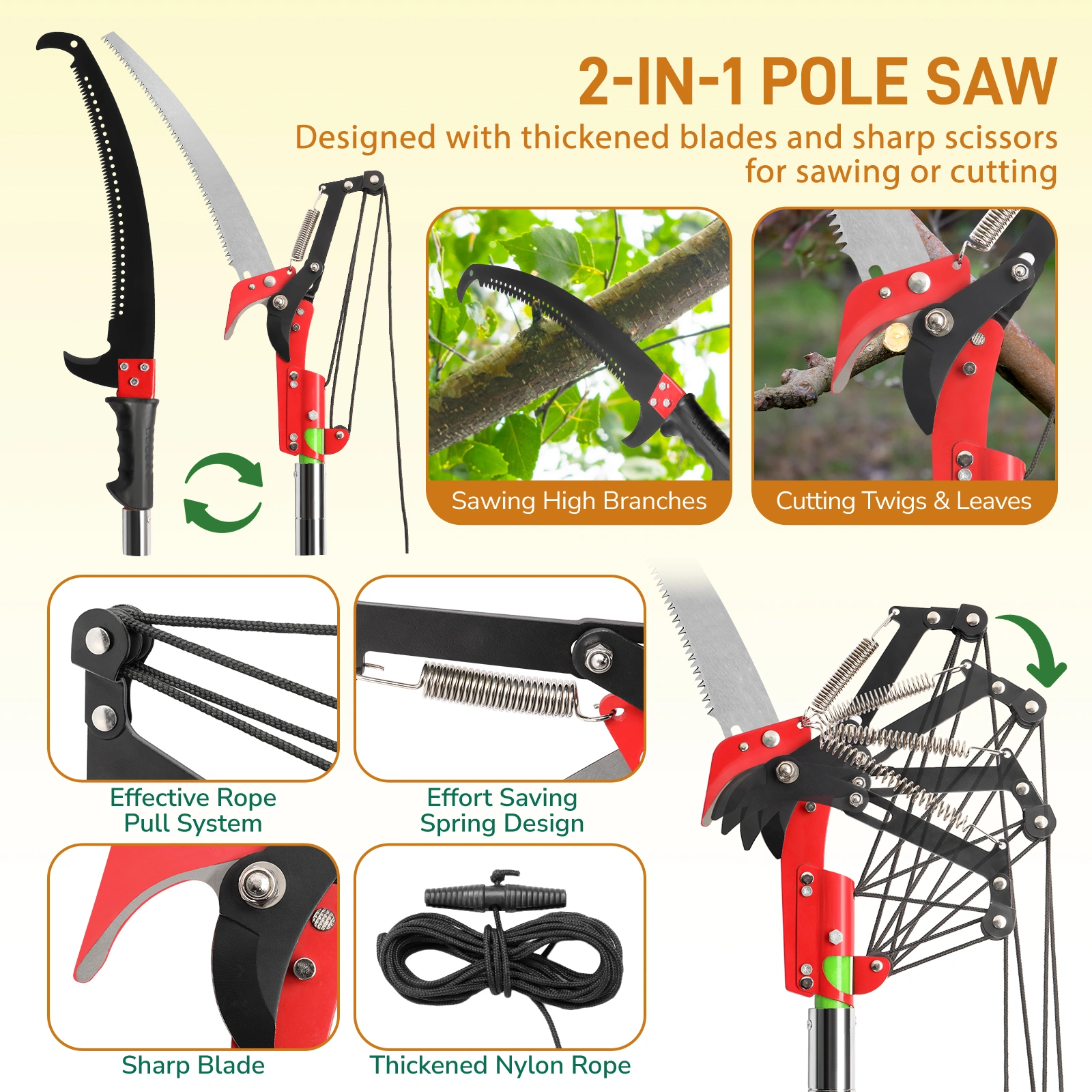 26ft Manual Pole Saw, Lightweight Tree Trimmers Long Handle Pruner Set, Sharp Steel Blade and Scissors Pole Saw for Trimming Palm, Pear Tree, Fir Tree, Other High Trees and Shrubs view 3