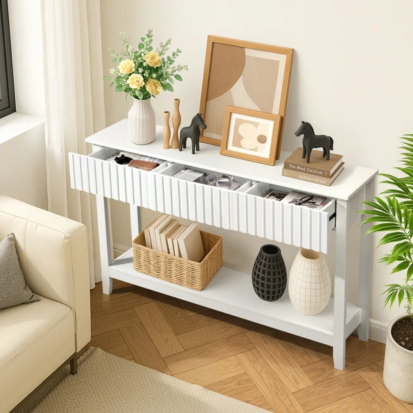 Modern Console Table with 3 Drawers and Open Storage Shelf, Entryway Table Narrow Long Sofa Table Hallway Foyer Table Behind Couch Table, White view 3