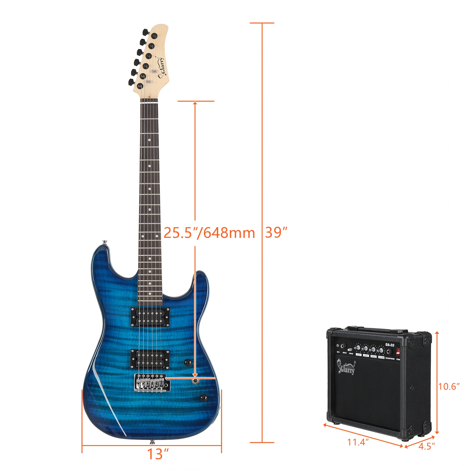GST Stylish H-H Pickup Tiger Stripe Electric Guitar Kit with 20W AMP Bag Guitar Strap Blue view 11