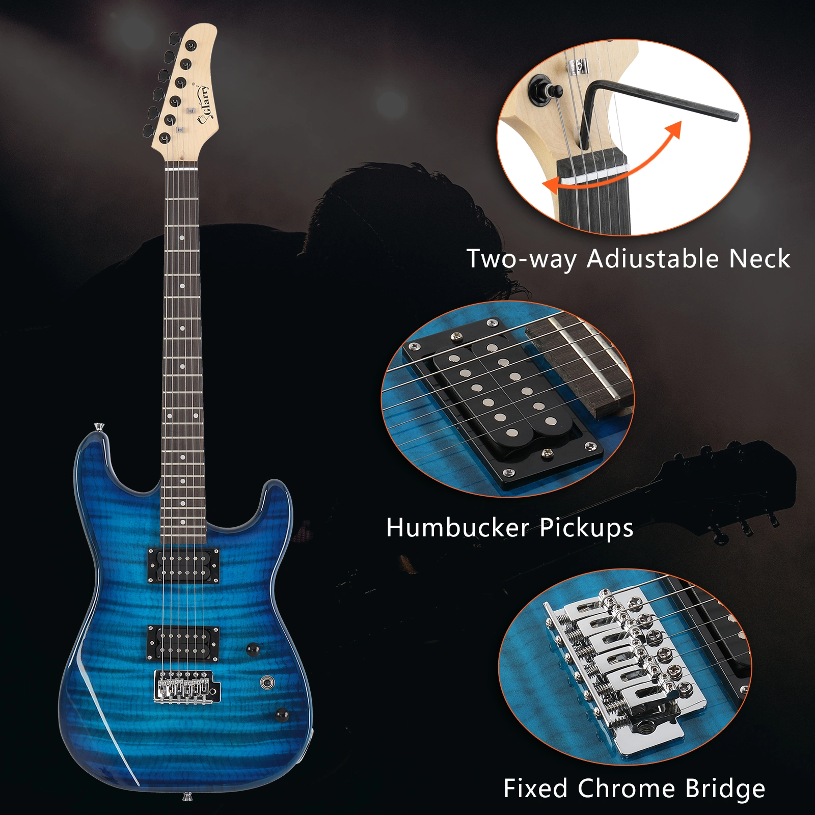 GST Stylish H-H Pickup Tiger Stripe Electric Guitar Kit with 20W AMP Bag Guitar Strap Blue view 16