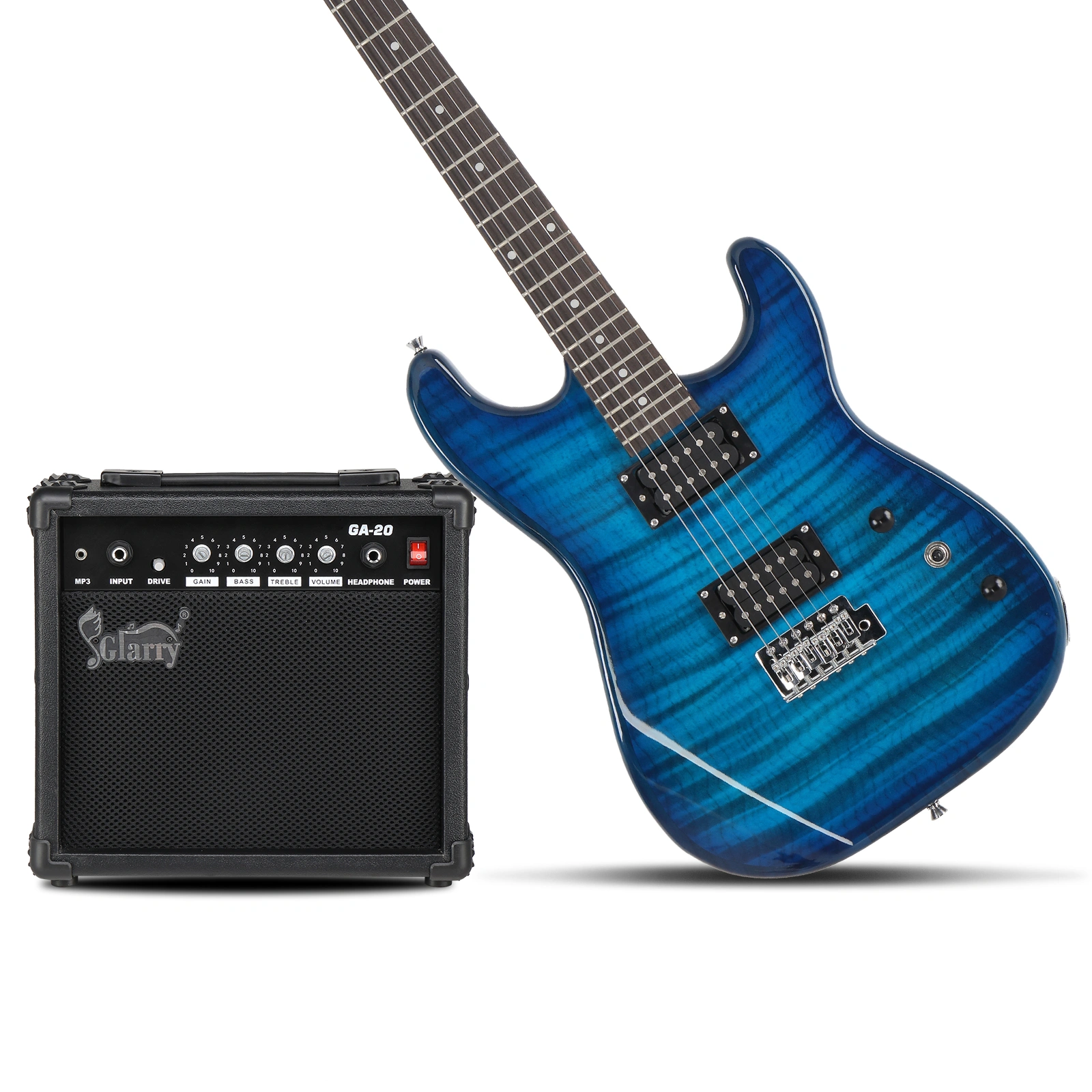 GST Stylish H-H Pickup Tiger Stripe Electric Guitar Kit with 20W AMP Bag Guitar Strap Blue view 4