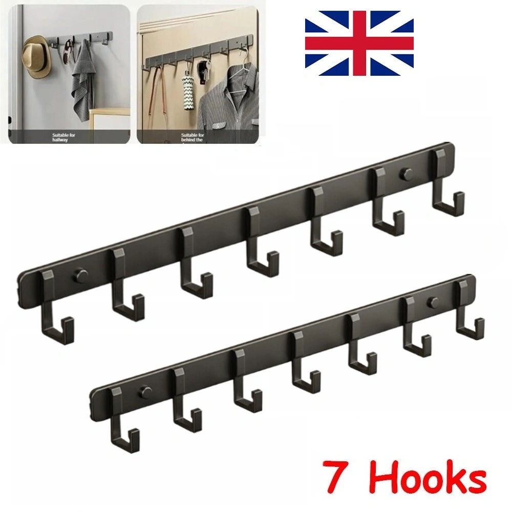 7-Hook Wall Mount Coat Rack - Heavy Duty Aluminum Door Hanger for Keys, Coats & Clothes