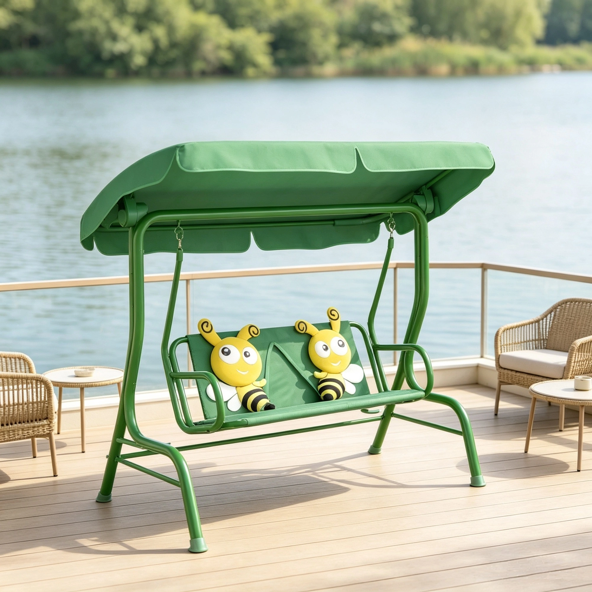 Kids Outdoor Swing Chair with Canopy & Safety Belt, Dark Green, Adjustable Hanging Chair for Patio Garden Pool Balcony