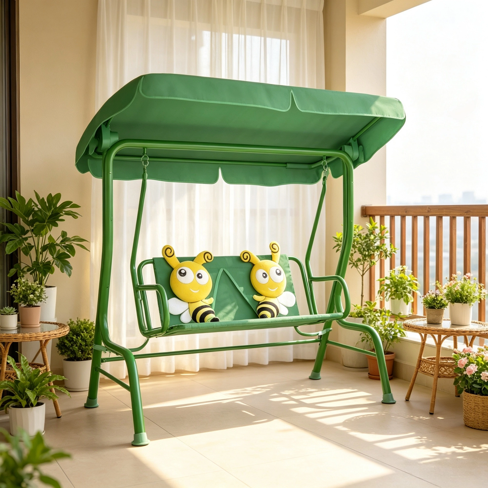 Kids Outdoor Swing Chair with Canopy & Safety Belt, Dark Green, Adjustable Hanging Chair for Patio Garden Pool Balcony view 4