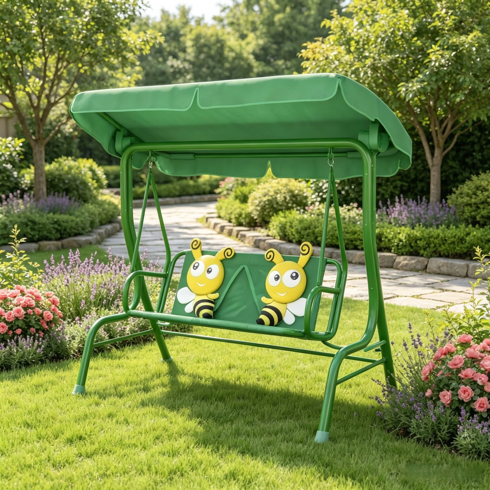 Kids Outdoor Swing Chair with Canopy & Safety Belt, Dark Green, Adjustable Hanging Chair for Patio Garden Pool Balcony view 5