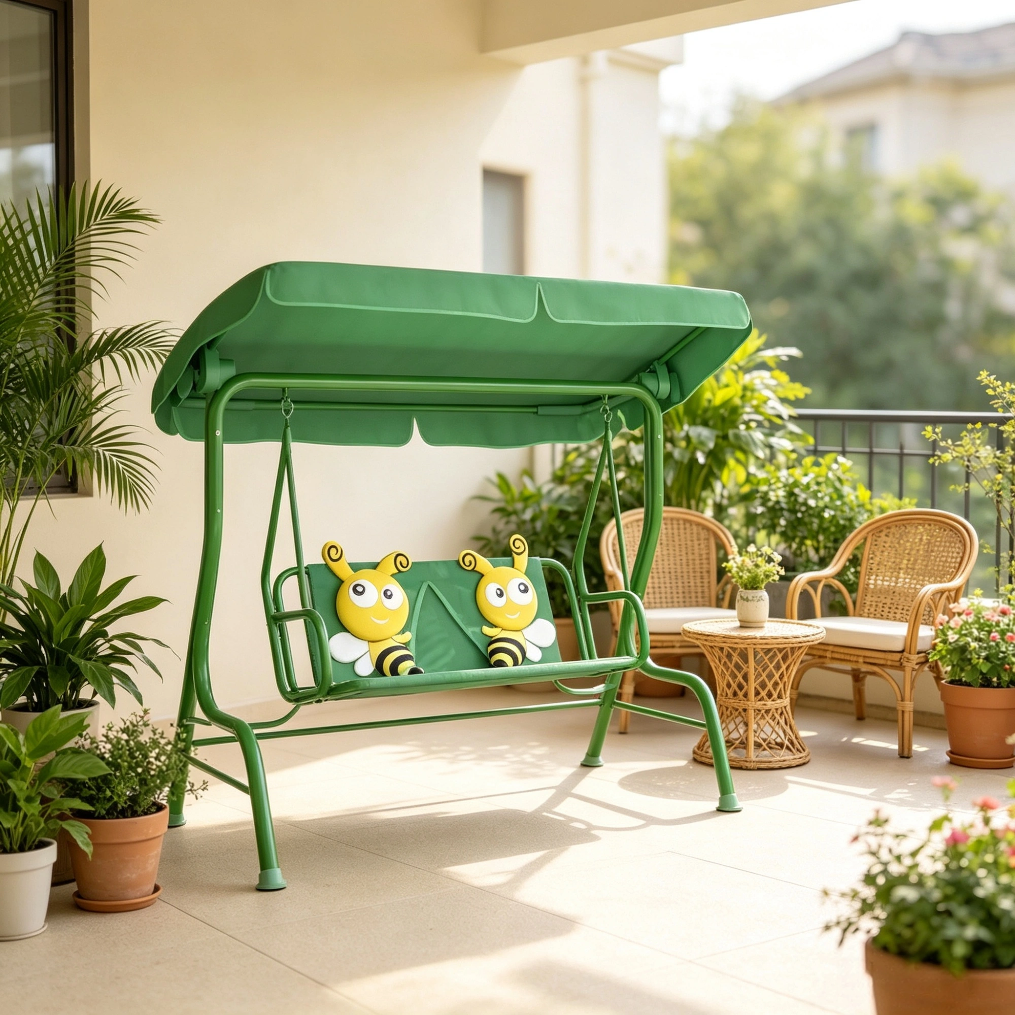 Kids Outdoor Swing Chair with Canopy & Safety Belt, Dark Green, Adjustable Hanging Chair for Patio Garden Pool Balcony view 6