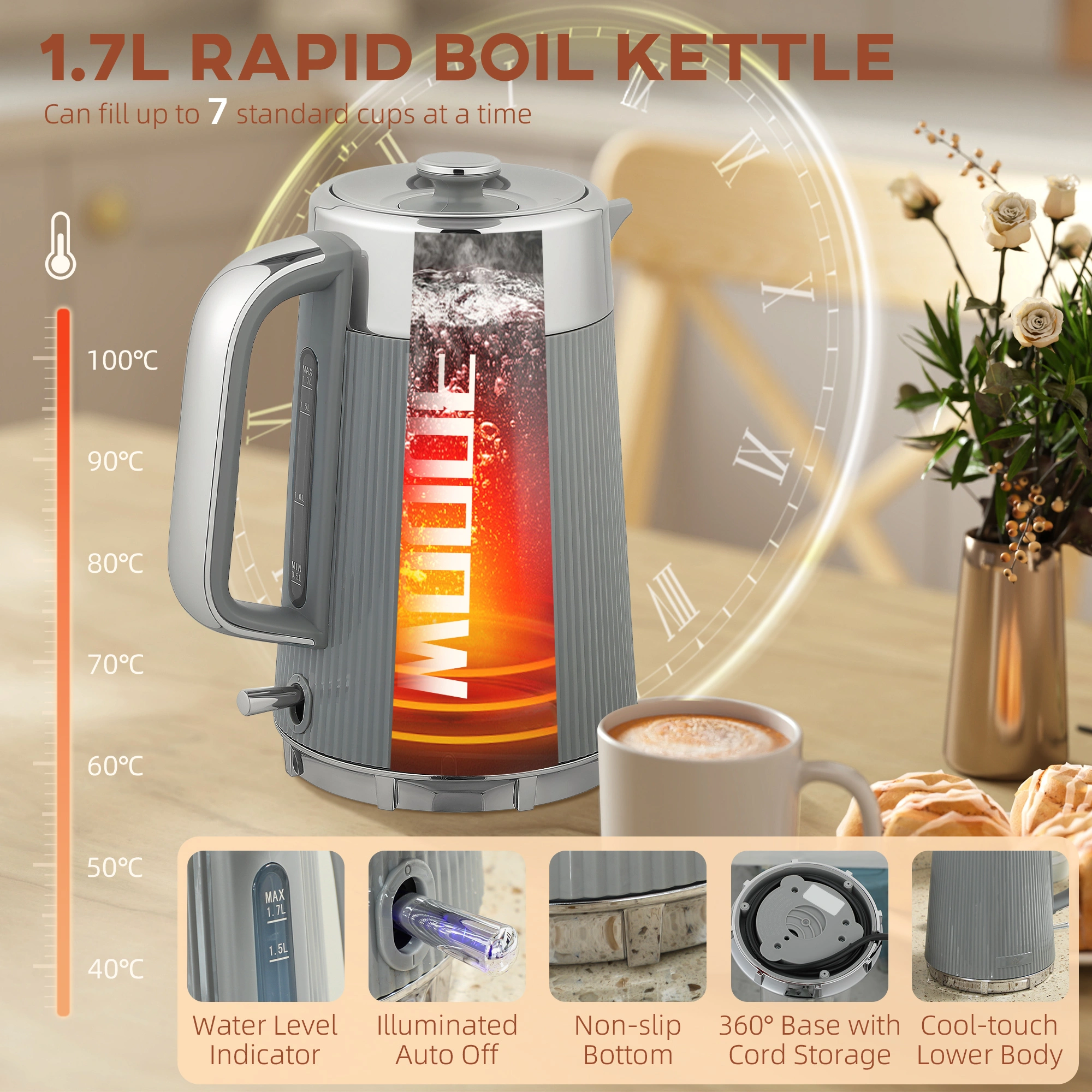 Stainless Steel Electric Kettle and Toaster Set - 2-in-1 Countertop Breakfast Appliance Combo view 4
