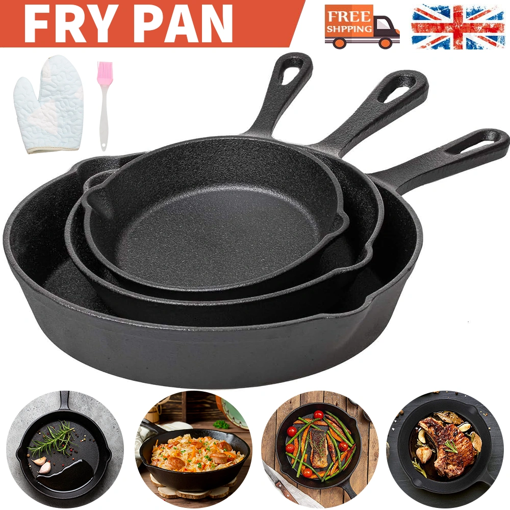 3 Pack Cast Iron Skillet Set, Non-Stick Seasoned Frying Pans & Griddle, Heavy Duty Cookware for Stovetop & Oven view 2