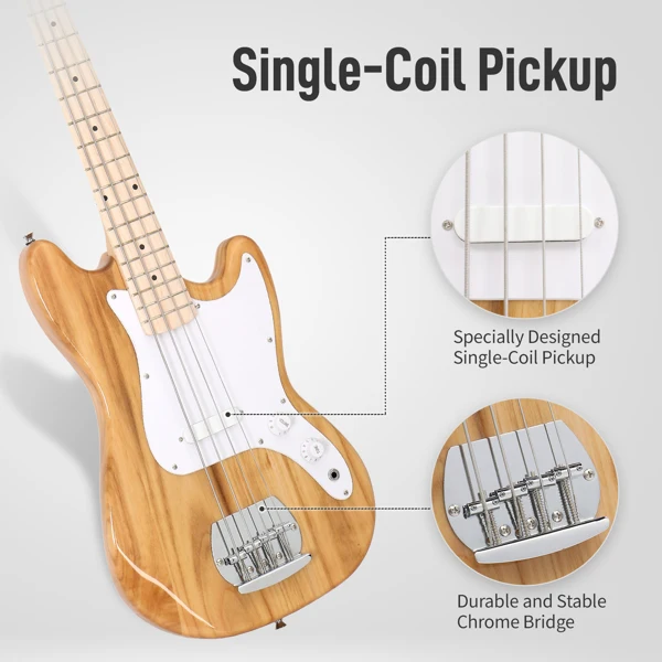 4 String 30in Short Scale Thin Body GB Electric Bass Guitar with Bag Strap Connector Wrench Tool Burlywood view 2