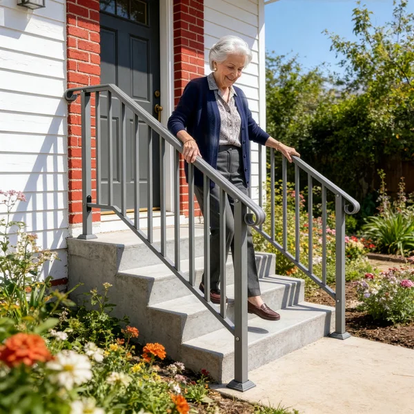 Handrails for Outdoor Steps, Iron Handrail Fits 4 Step, Transitional Handrail with Installation Kit, Silver view 4