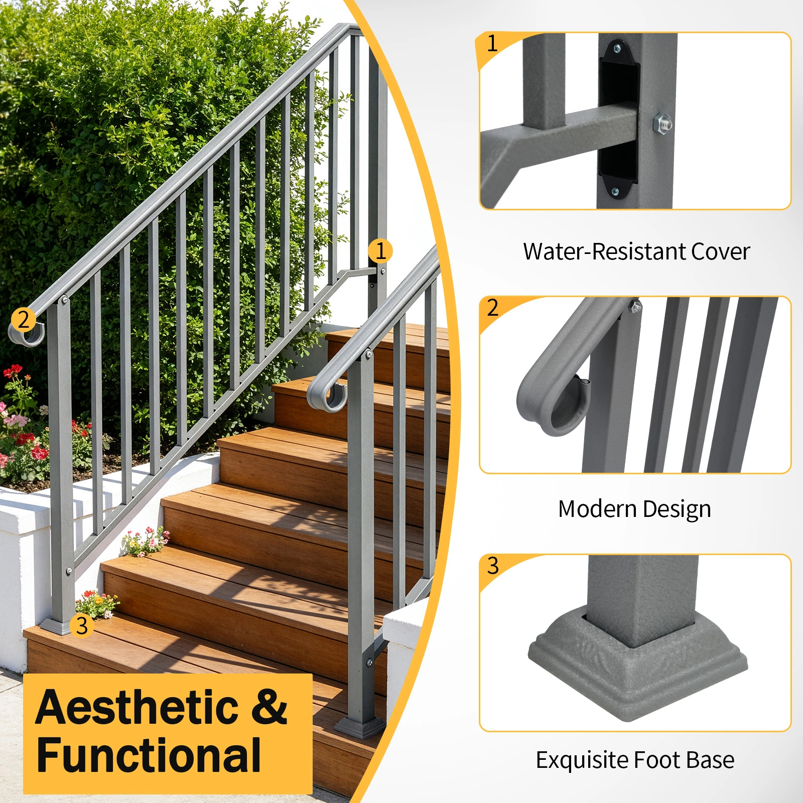 Handrails for Outdoor Steps, Iron Handrail Fits 4 Step, Transitional Handrail with Installation Kit, Silver view 13