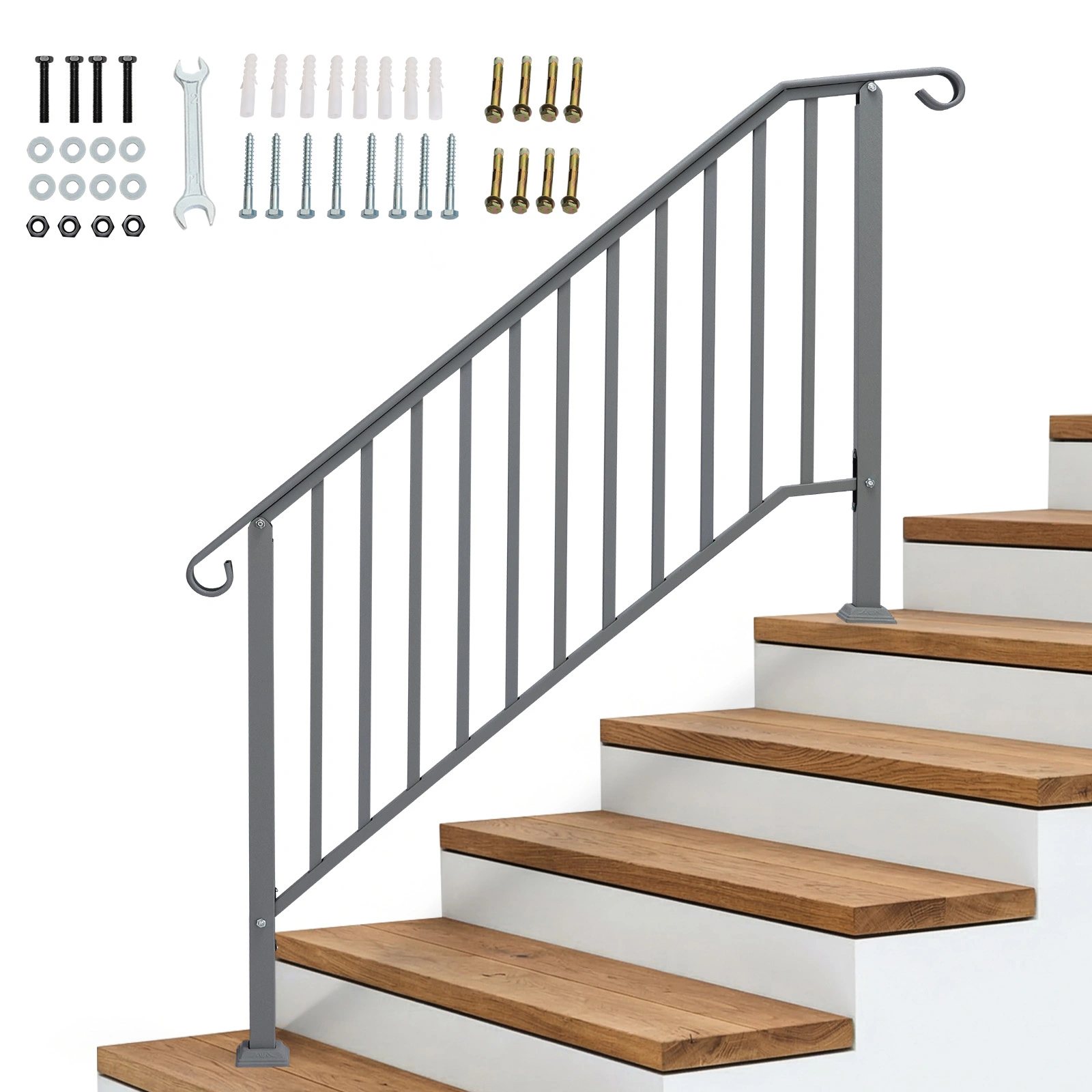 Handrails for Outdoor Steps, Iron Handrail Fits 4 Step, Transitional Handrail with Installation Kit, Silver view 7