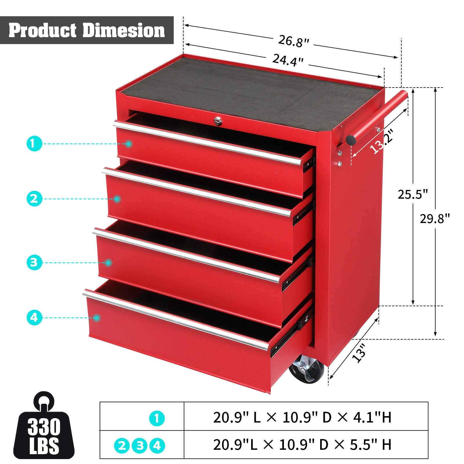 Steel maintenance tool cart single base cabinet 4 drawers 330lb red view 10