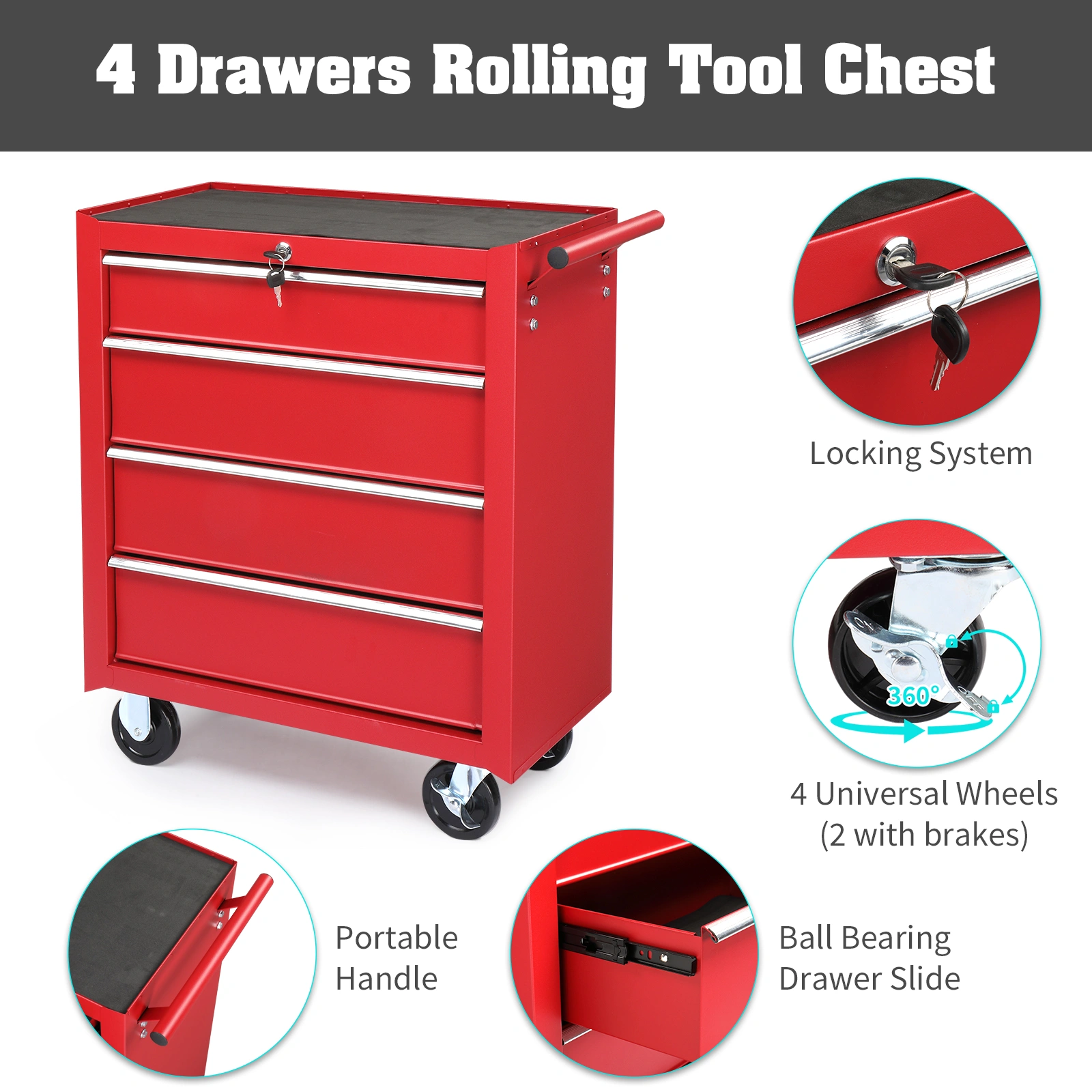 Steel maintenance tool cart single base cabinet 4 drawers 330lb red view 11