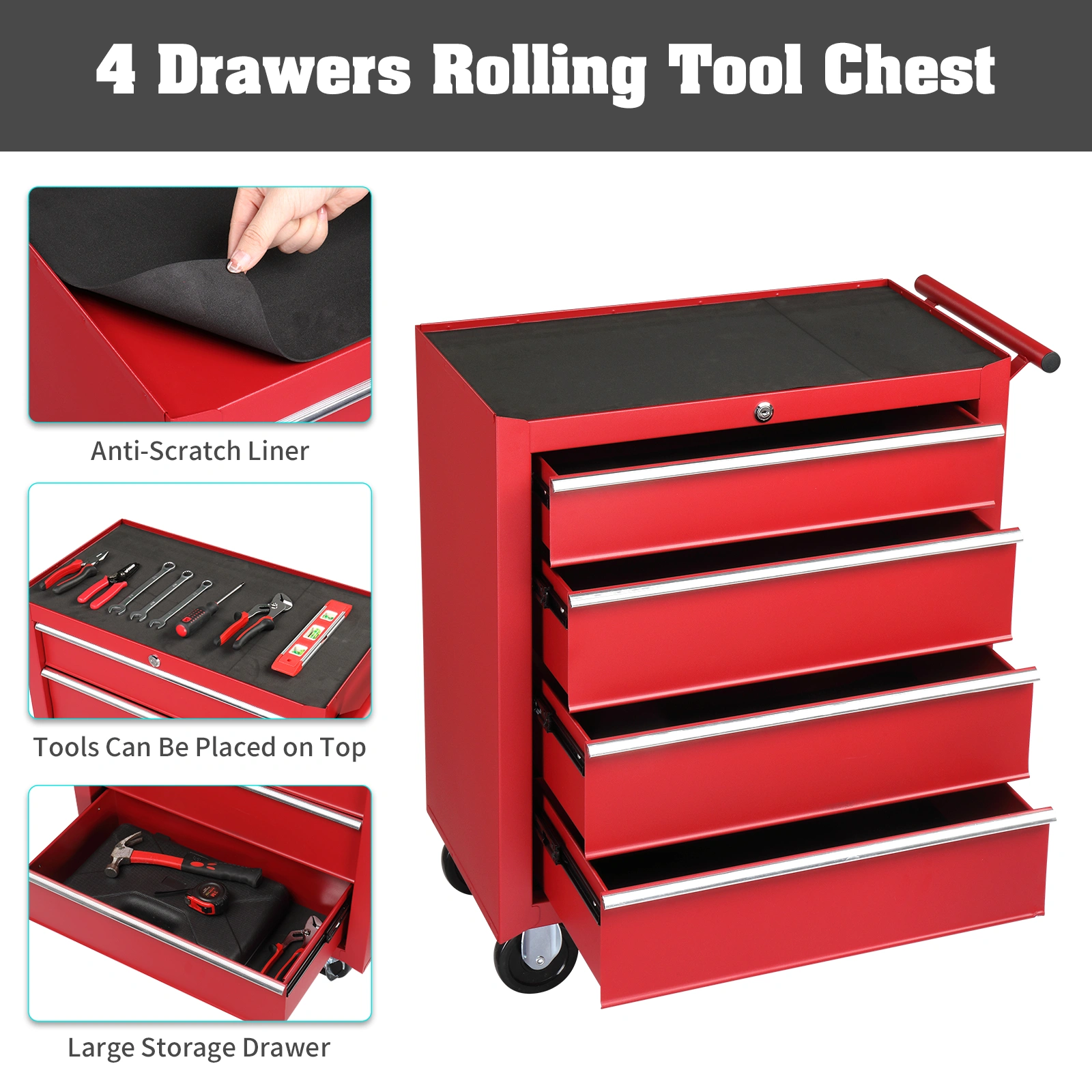 Steel maintenance tool cart single base cabinet 4 drawers 330lb red view 12