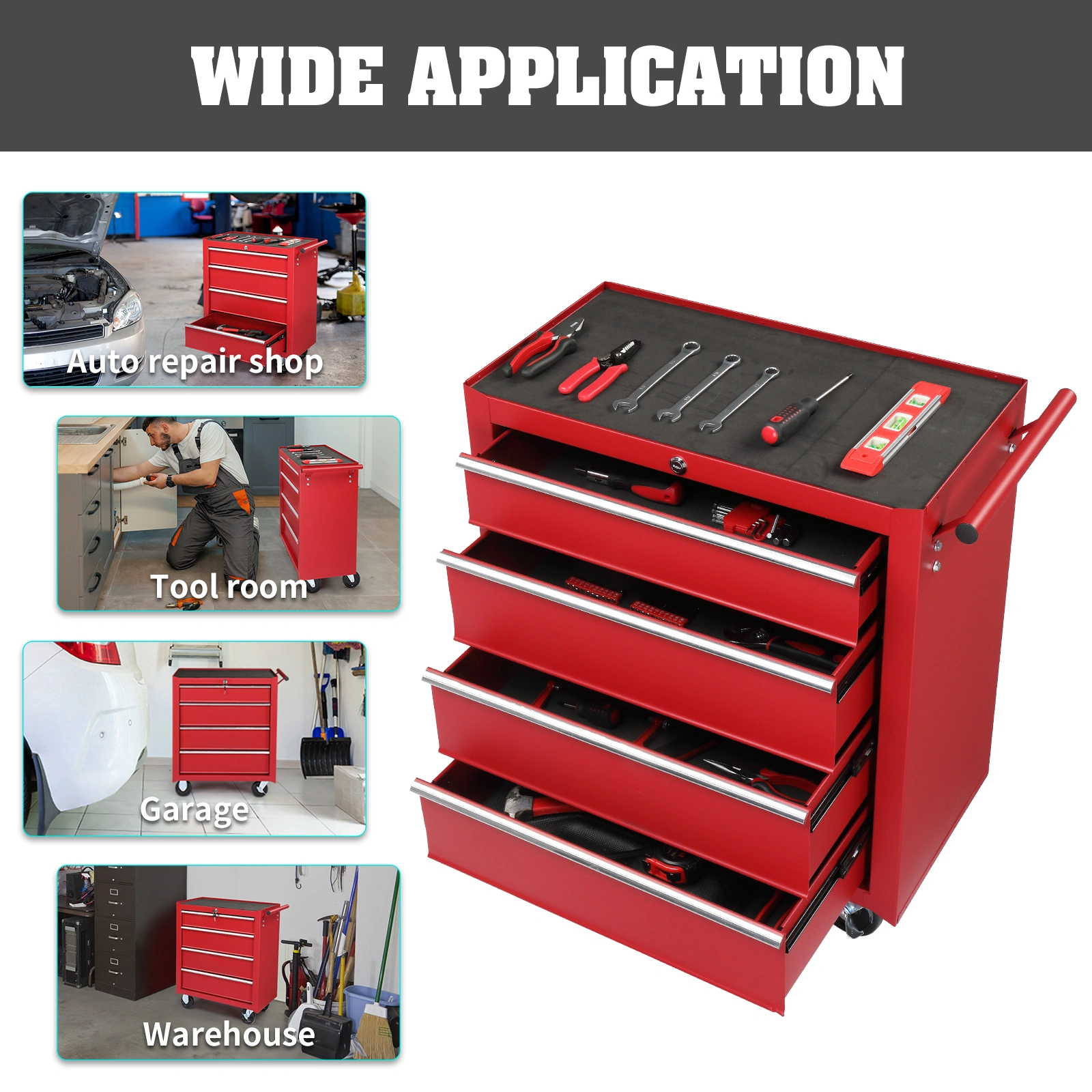 Steel maintenance tool cart single base cabinet 4 drawers 330lb red view 13