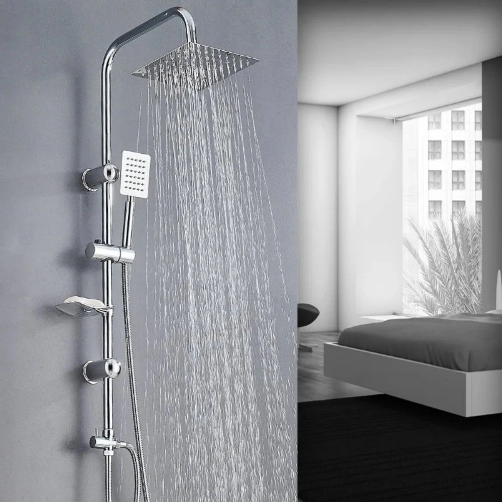 Square Fixed Riser Rail Shower Kit, Twin Head with Bath Mixer Tap for Bathroom view 2