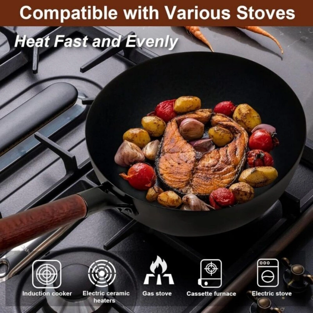 32cm Cast Iron Wok Pan, Non-Coated Pure Iron Stir Fry Pot for Gas Induction view 2