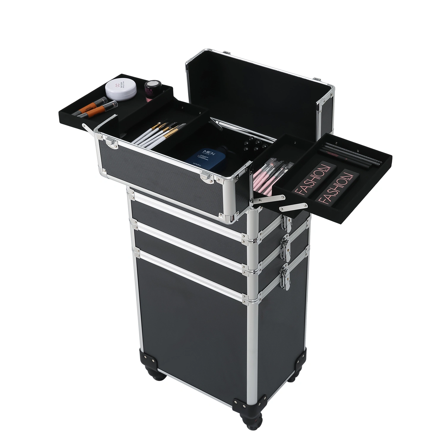 4-in-1 Aluminum Rolling Makeup Case, Draw-Bar Style Interchangeable Cosmetic Organizer, Black view 3
