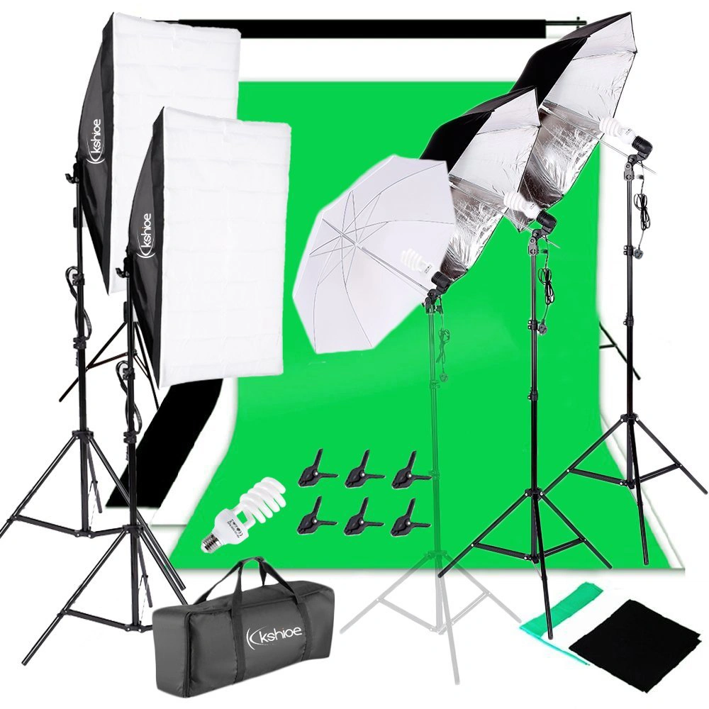 45W Softbox Lighting Kit with 4 White Silver Black Umbrellas, Background Stand & Light Stands for Photography