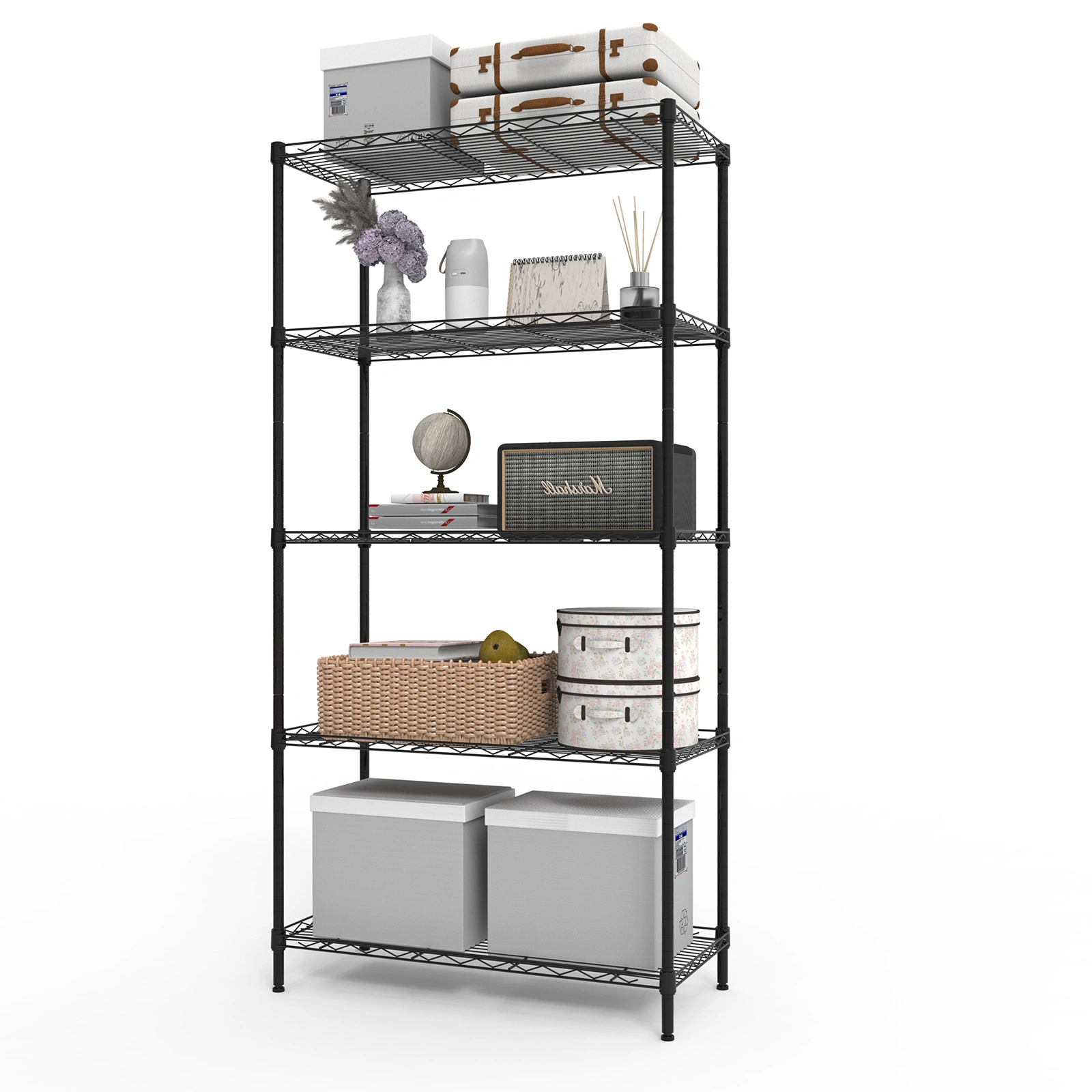 5-Tier Display Rack Adjustable Shelf Spacing Iron Stand 74x34x150cm Powder-Coated Glossy Black Adjustable Feet