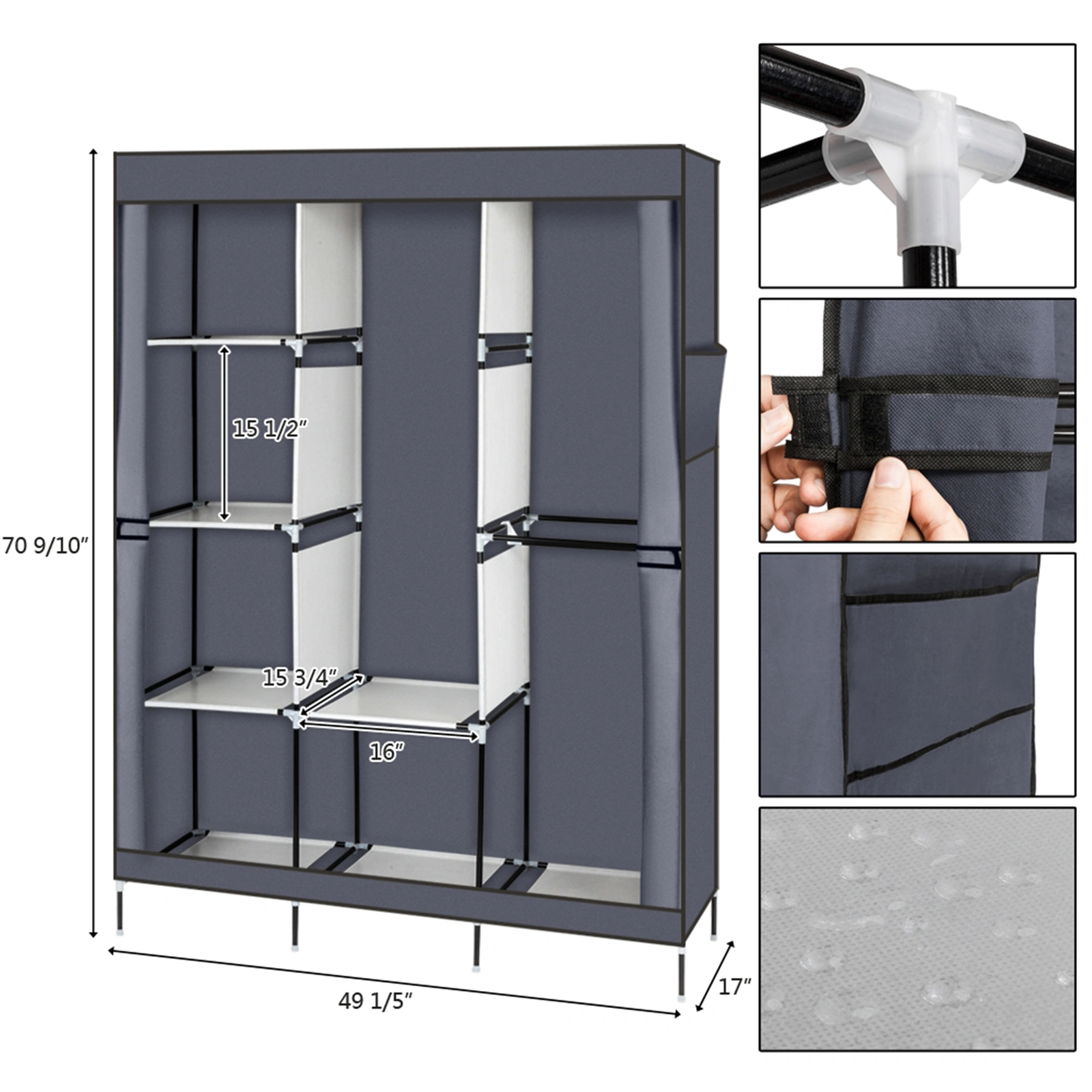 71" Portable Closet Wardrobe Clothes Rack Storage Organizer with Shelf Gray view 20