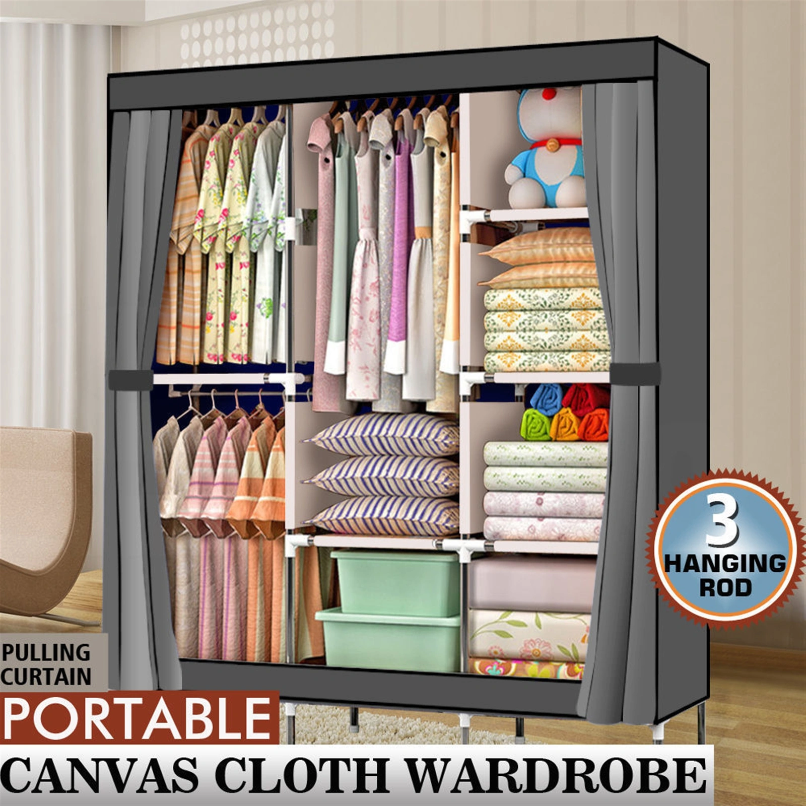 71" Portable Closet Wardrobe Clothes Rack Storage Organizer with Shelf Gray view 5