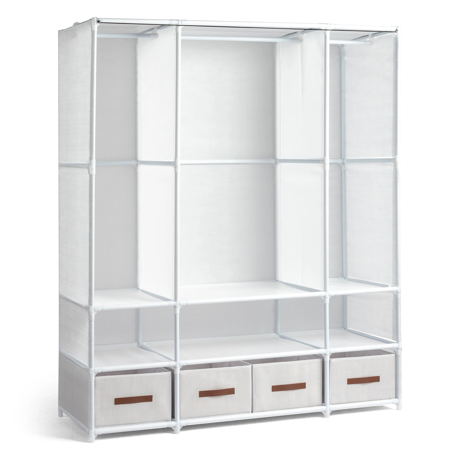 3-Tier Hanging Wardrobe with Storage Boxes & Curtain, Non-Woven Fabric Portable Closet 144x45x166.5cm, White