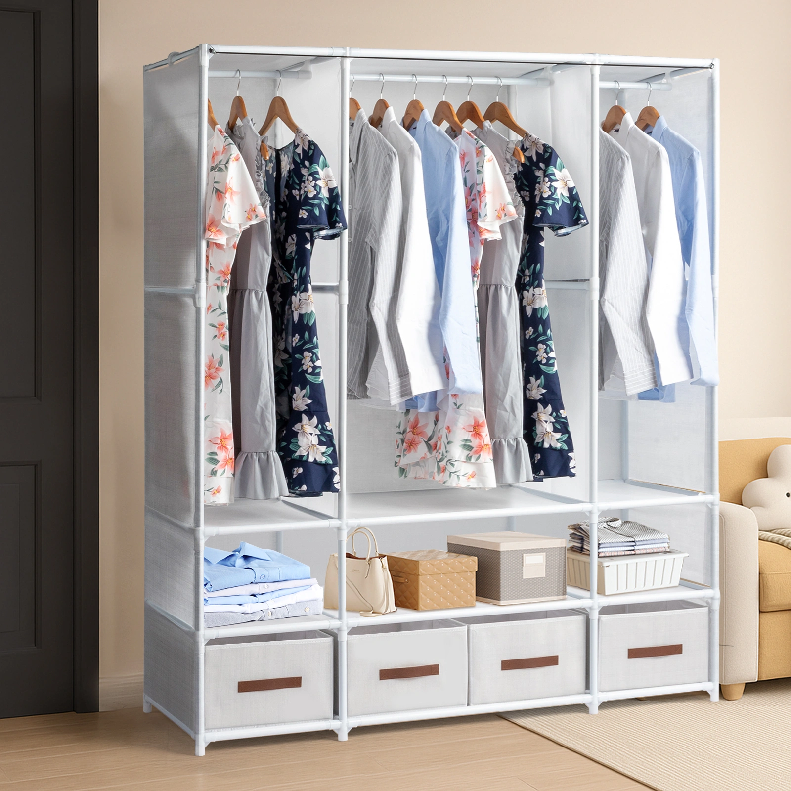 3-Tier Hanging Wardrobe with Storage Boxes & Curtain, Non-Woven Fabric Portable Closet 144x45x166.5cm, White view 2